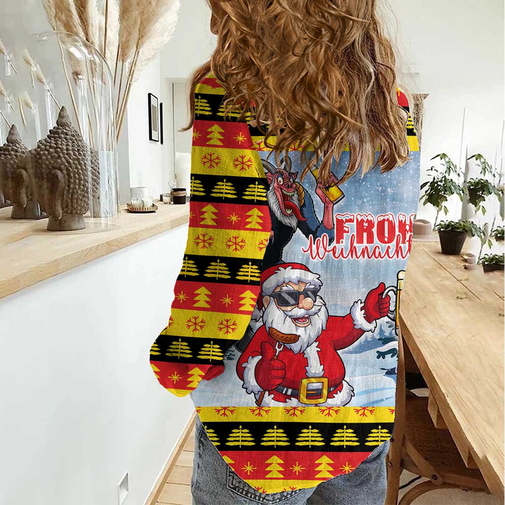 Deutschland Frohe Weihnachten Women Casual Shirt Funny Der Weihnachtsmann and Krampus Drink Beer Together - Wonder Print Shop