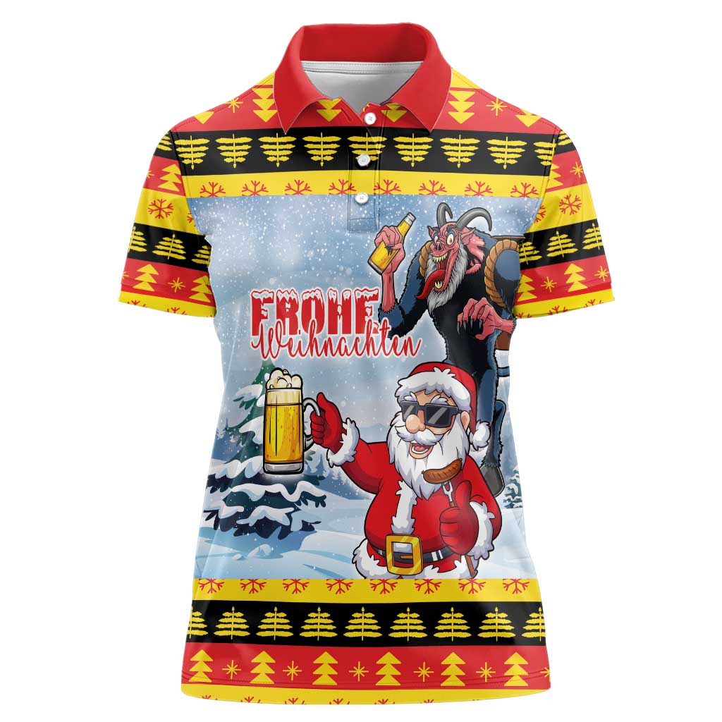 Deutschland Frohe Weihnachten Women Polo Shirt Funny Der Weihnachtsmann and Krampus Drink Beer Together - Wonder Print Shop