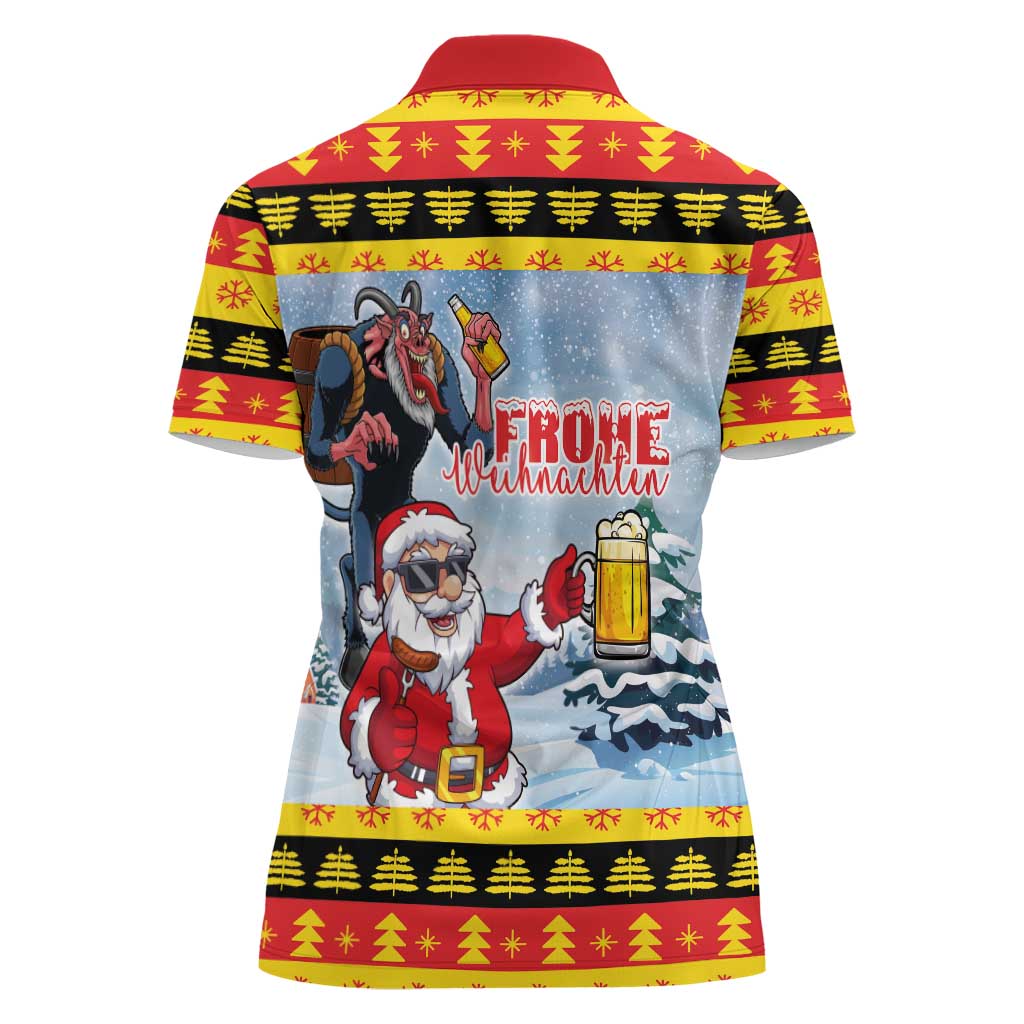 Deutschland Frohe Weihnachten Women Polo Shirt Funny Der Weihnachtsmann and Krampus Drink Beer Together - Wonder Print Shop