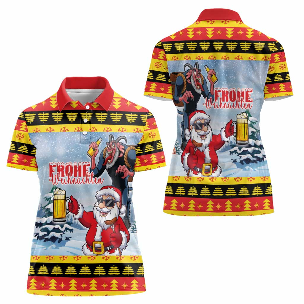 Deutschland Frohe Weihnachten Women Polo Shirt Funny Der Weihnachtsmann and Krampus Drink Beer Together - Wonder Print Shop