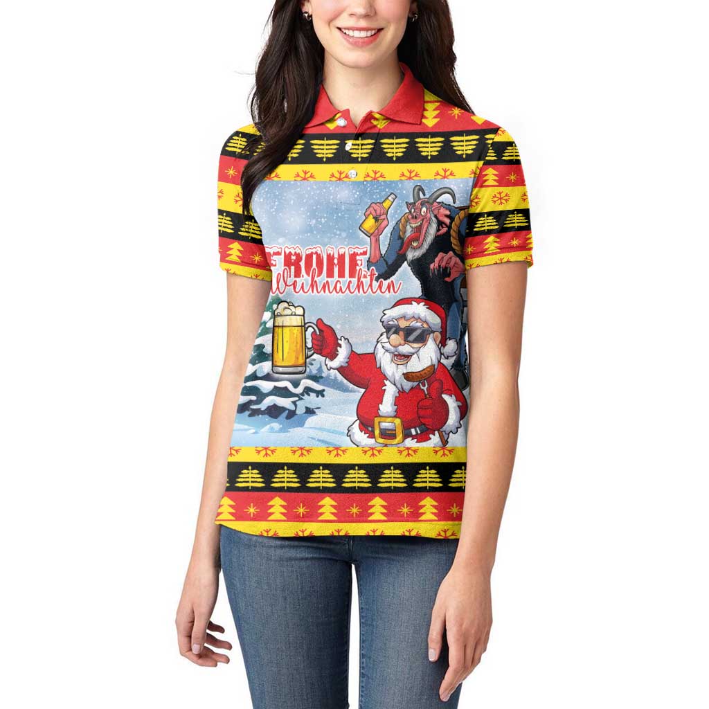 Deutschland Frohe Weihnachten Women Polo Shirt Funny Der Weihnachtsmann and Krampus Drink Beer Together - Wonder Print Shop