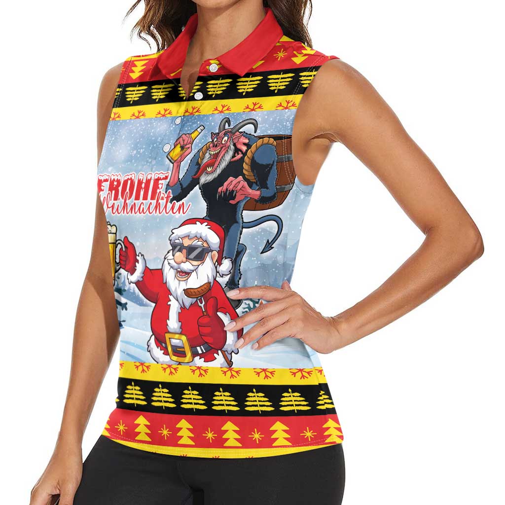 Deutschland Frohe Weihnachten Women Sleeveless Polo Shirt Funny Der Weihnachtsmann and Krampus Drink Beer Together - Wonder Print Shop