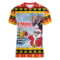 Deutschland Frohe Weihnachten Women V-Neck T-Shirt Funny Der Weihnachtsmann and Krampus Drink Beer Together - Wonder Print Shop