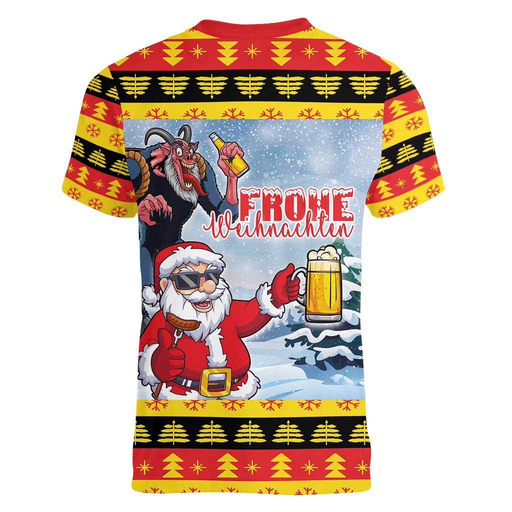 Deutschland Frohe Weihnachten Women V-Neck T-Shirt Funny Der Weihnachtsmann and Krampus Drink Beer Together - Wonder Print Shop