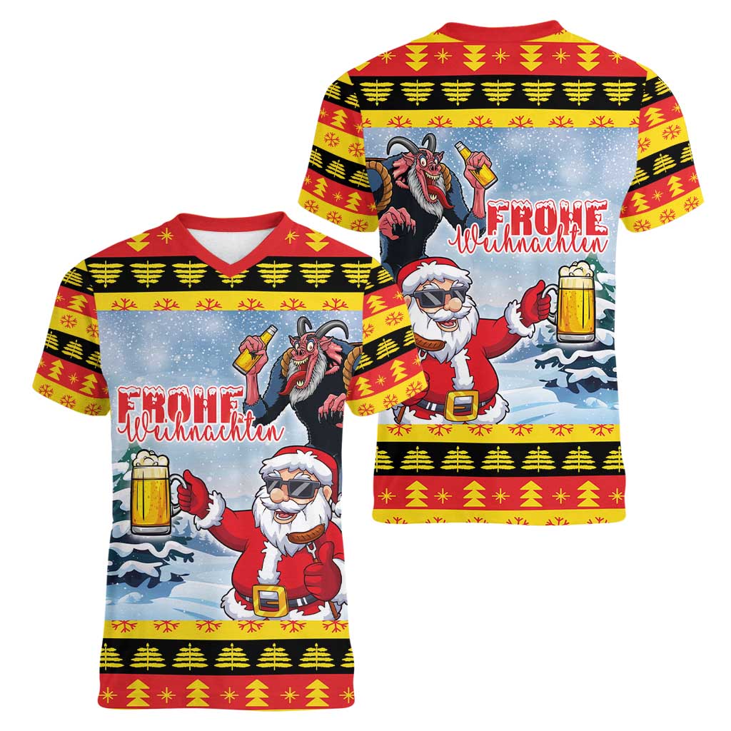 Deutschland Frohe Weihnachten Women V-Neck T-Shirt Funny Der Weihnachtsmann and Krampus Drink Beer Together - Wonder Print Shop