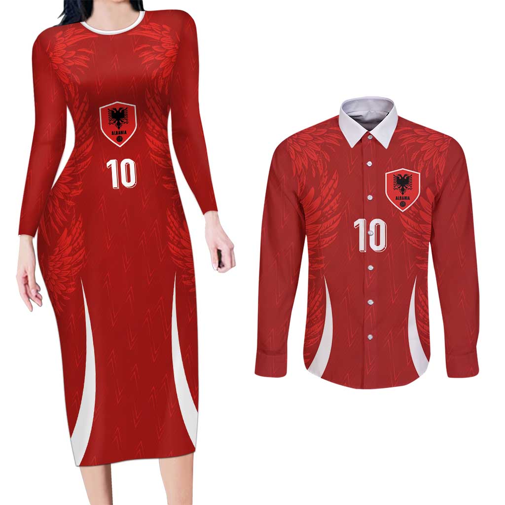 Custom Albania National Football Couples Matching Long Sleeve Bodycon Dress and Long Sleeve Button Shirt The Wings Sporty Style - Wonder Print Shop