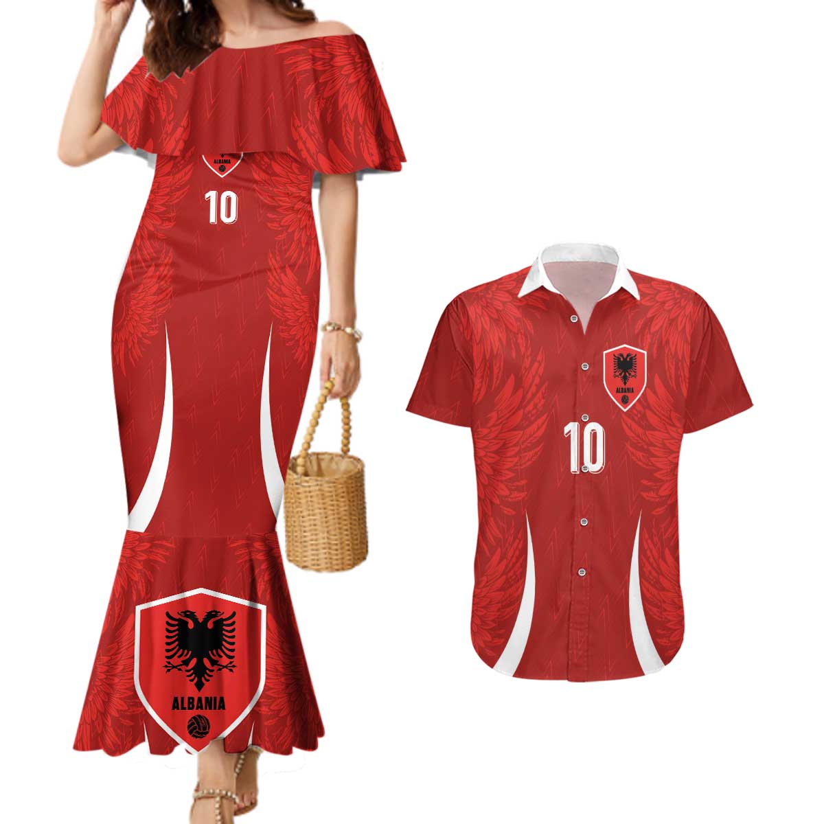 Custom Albania National Football Couples Matching Mermaid Dress and Hawaiian Shirt The Wings Sporty Style - Wonder Print Shop