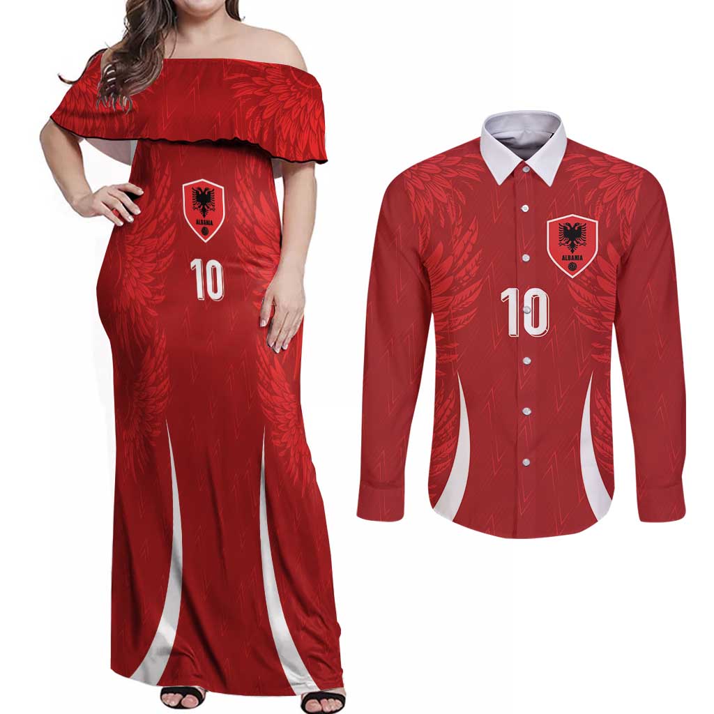 Custom Albania National Football Couples Matching Off Shoulder Maxi Dress and Long Sleeve Button Shirt The Wings Sporty Style - Wonder Print Shop
