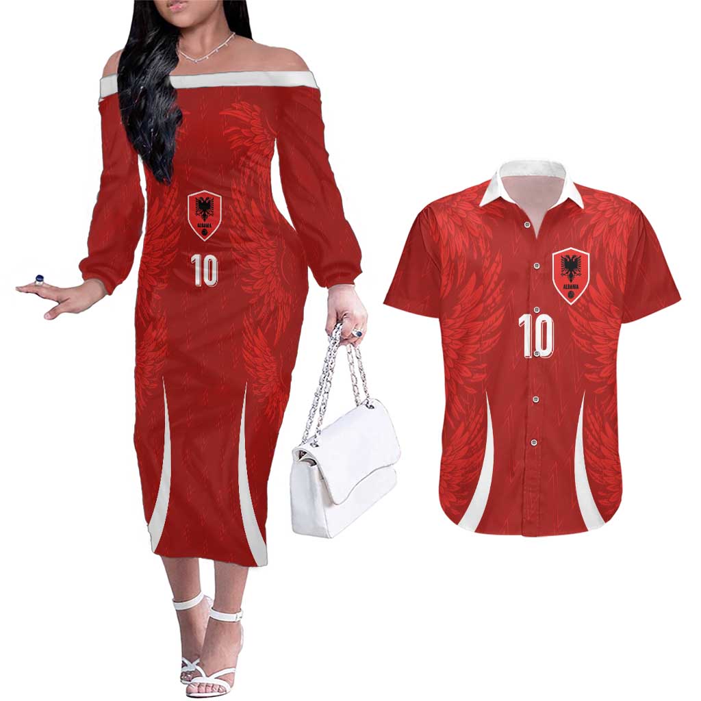 Custom Albania National Football Couples Matching Off The Shoulder Long Sleeve Dress and Hawaiian Shirt The Wings Sporty Style - Wonder Print Shop