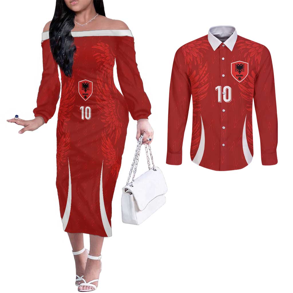 Custom Albania National Football Couples Matching Off The Shoulder Long Sleeve Dress and Long Sleeve Button Shirt The Wings Sporty Style - Wonder Print Shop