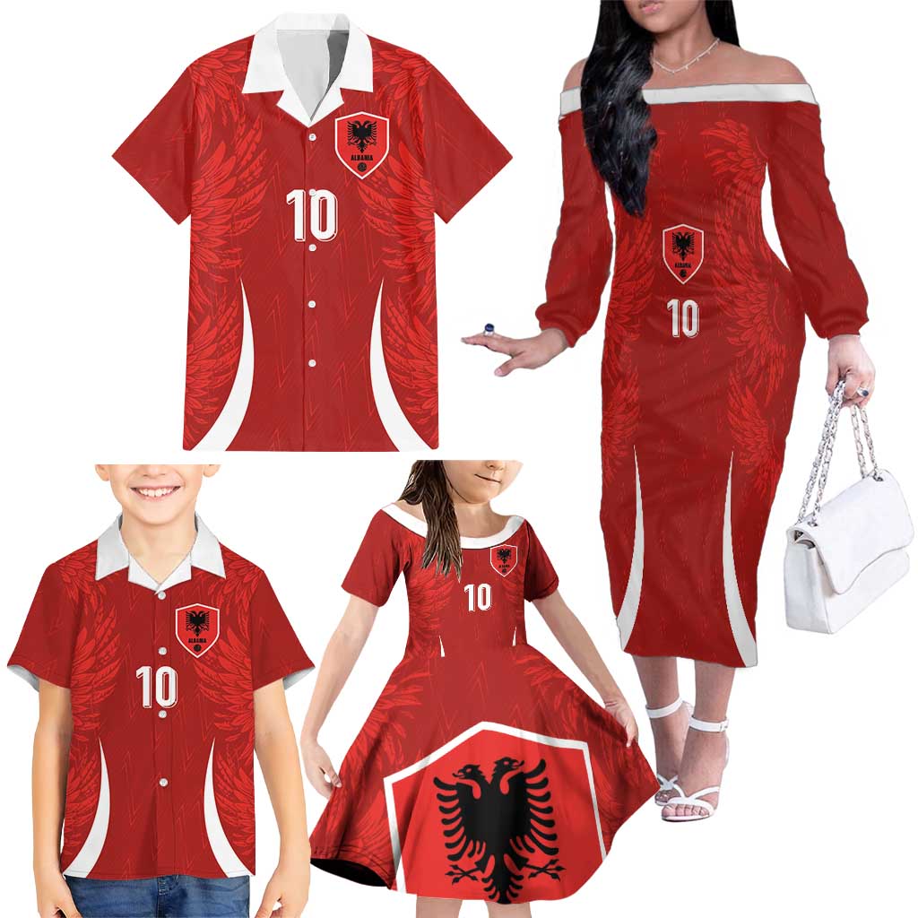 Custom Albania National Football Family Matching Off The Shoulder Long Sleeve Dress and Hawaiian Shirt The Wings Sporty Style - Wonder Print Shop