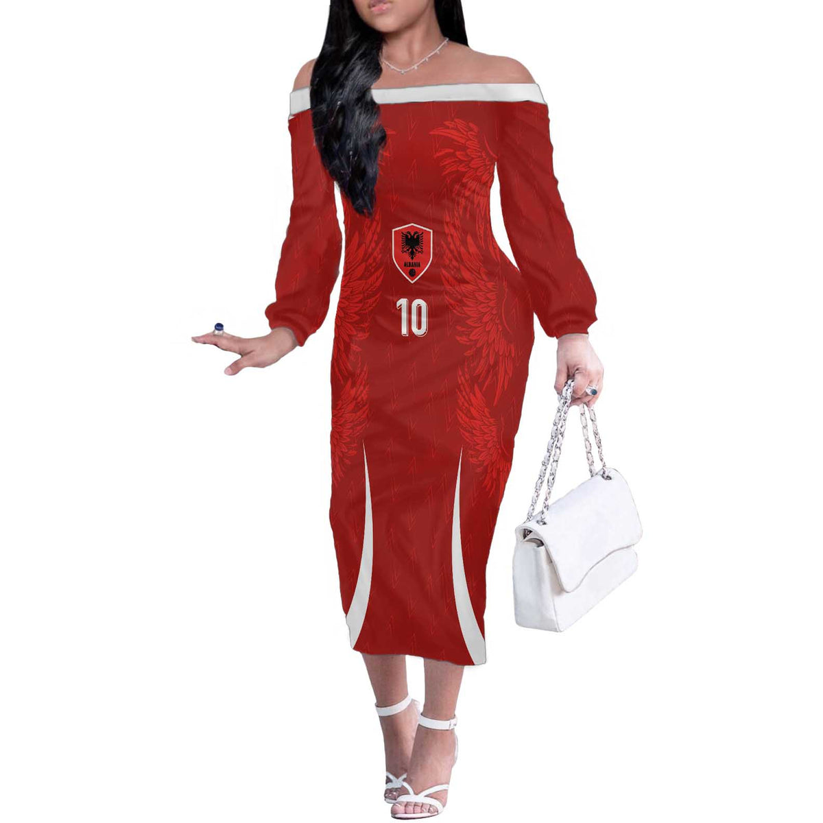 Custom Albania National Football Off The Shoulder Long Sleeve Dress The Wings Sporty Style - Wonder Print Shop