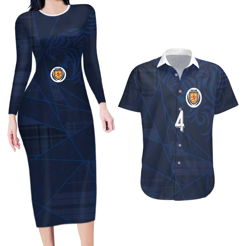 Custom Scotland National Football Couples Matching Long Sleeve Bodycon Dress and Hawaiian Shirt Tartan Patchwork and Sport Lion - Wonder Print Shop