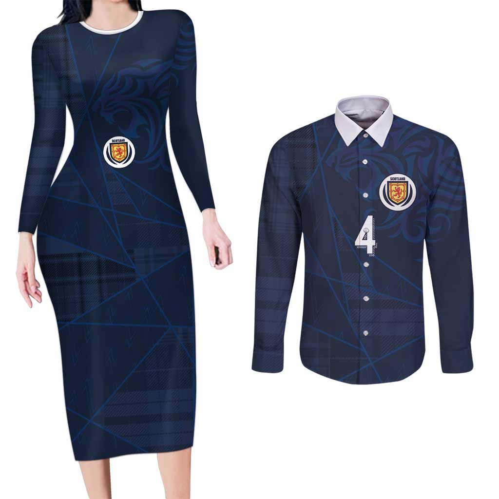 Custom Scotland National Football Couples Matching Long Sleeve Bodycon Dress and Long Sleeve Button Shirt Tartan Patchwork and Sport Lion - Wonder Print Shop