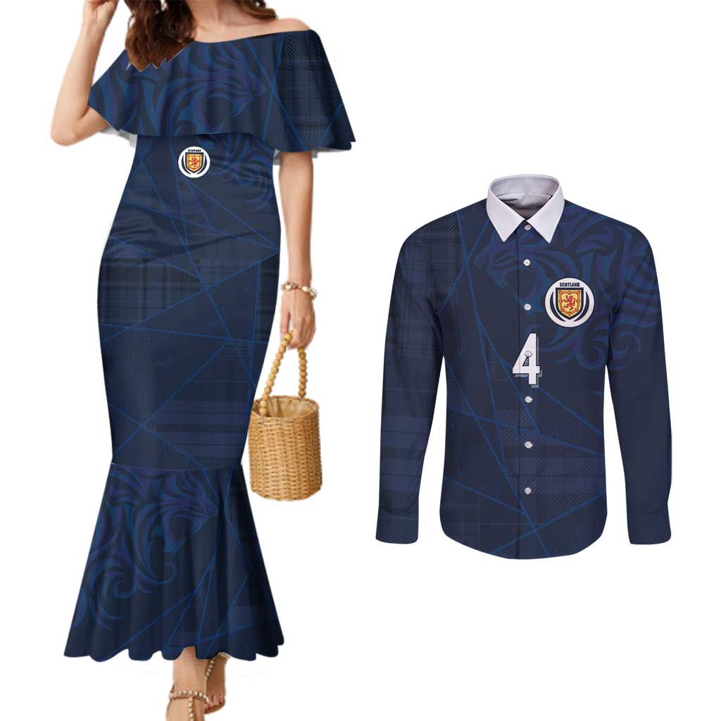 Custom Scotland National Football Couples Matching Mermaid Dress and Long Sleeve Button Shirt Tartan Patchwork and Sport Lion - Wonder Print Shop