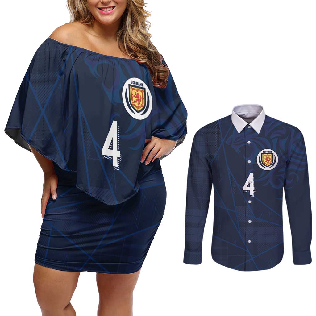 Custom Scotland National Football Couples Matching Off Shoulder Short Dress and Long Sleeve Button Shirt Tartan Patchwork and Sport Lion - Wonder Print Shop