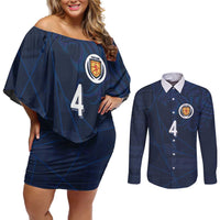 Custom Scotland National Football Couples Matching Off Shoulder Short Dress and Long Sleeve Button Shirt Tartan Patchwork and Sport Lion - Wonder Print Shop