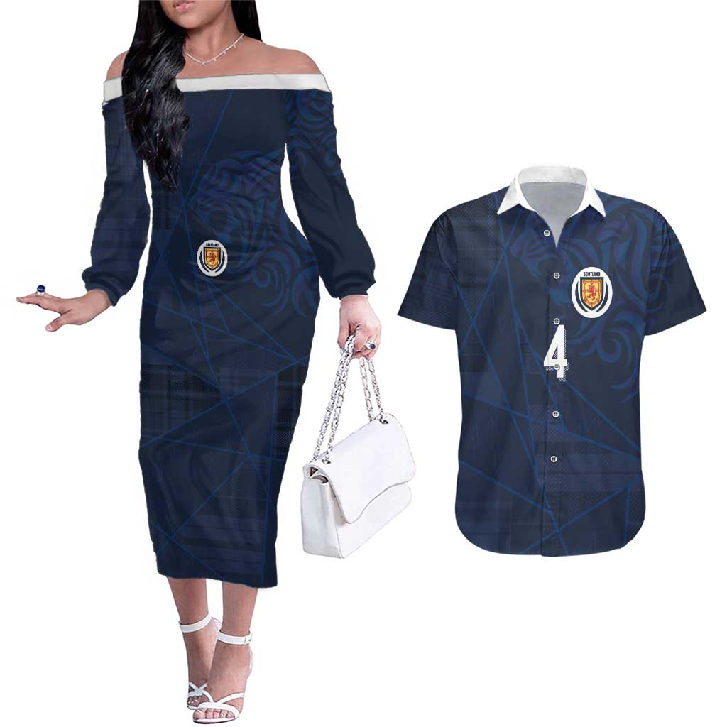 Custom Scotland National Football Couples Matching Off The Shoulder Long Sleeve Dress and Hawaiian Shirt Tartan Patchwork and Sport Lion - Wonder Print Shop