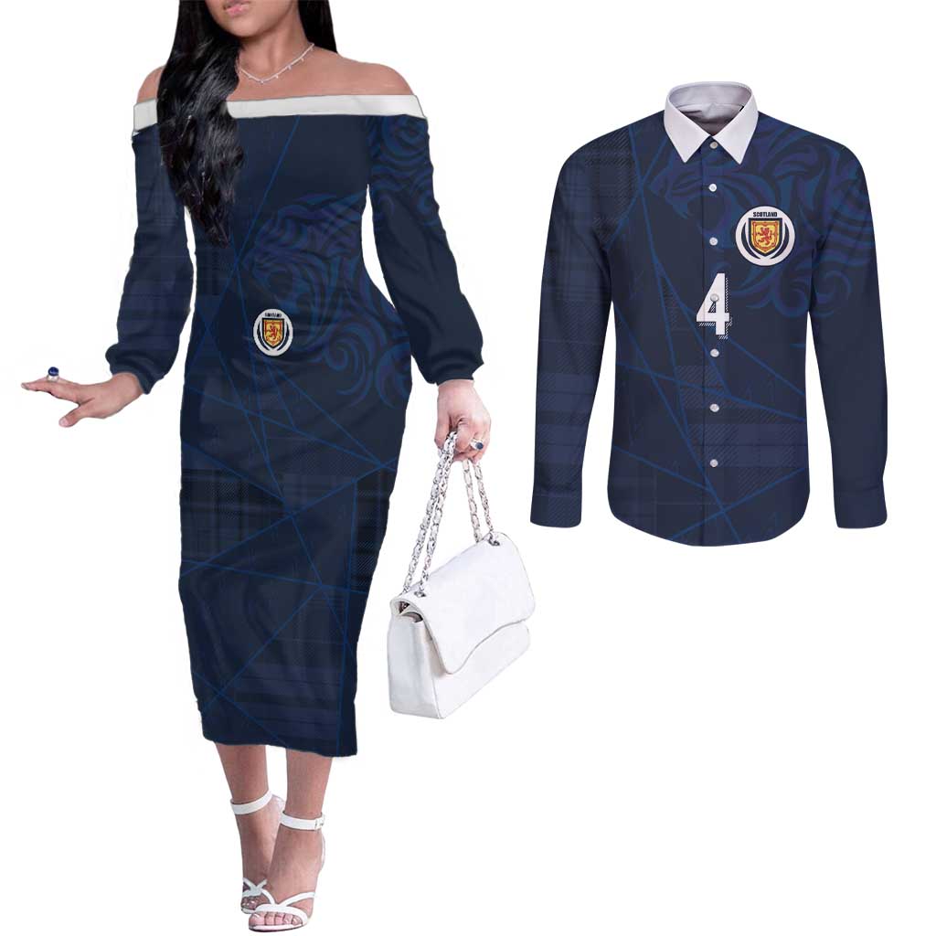 Custom Scotland National Football Couples Matching Off The Shoulder Long Sleeve Dress and Long Sleeve Button Shirt Tartan Patchwork and Sport Lion - Wonder Print Shop