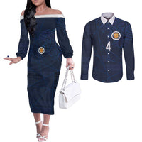Custom Scotland National Football Couples Matching Off The Shoulder Long Sleeve Dress and Long Sleeve Button Shirt Tartan Patchwork and Sport Lion - Wonder Print Shop