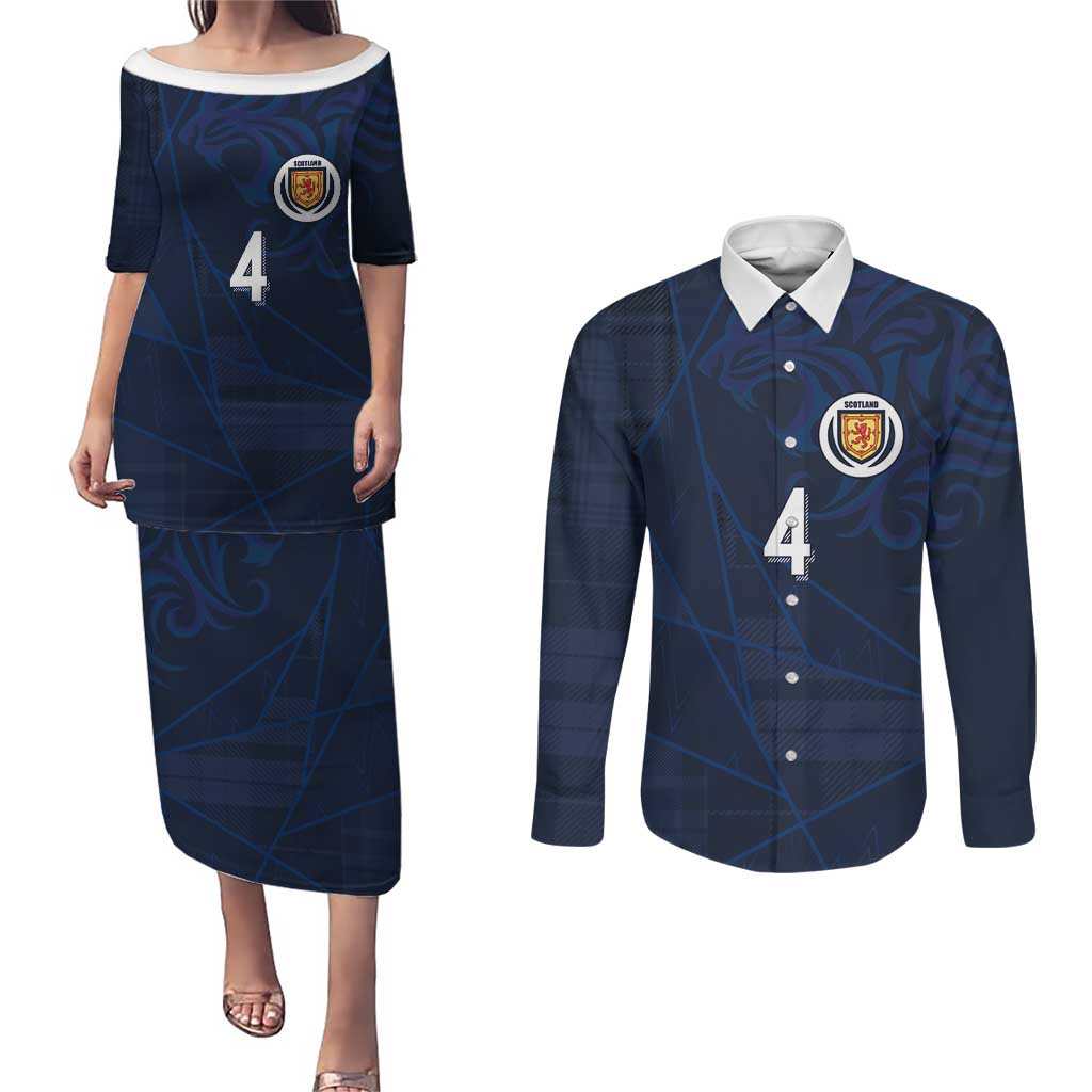 Custom Scotland National Football Couples Matching Puletasi and Long Sleeve Button Shirt Tartan Patchwork and Sport Lion - Wonder Print Shop
