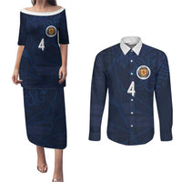 Custom Scotland National Football Couples Matching Puletasi and Long Sleeve Button Shirt Tartan Patchwork and Sport Lion - Wonder Print Shop