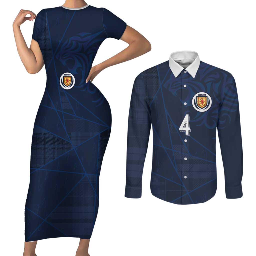 Custom Scotland National Football Couples Matching Short Sleeve Bodycon Dress and Long Sleeve Button Shirt Tartan Patchwork and Sport Lion - Wonder Print Shop