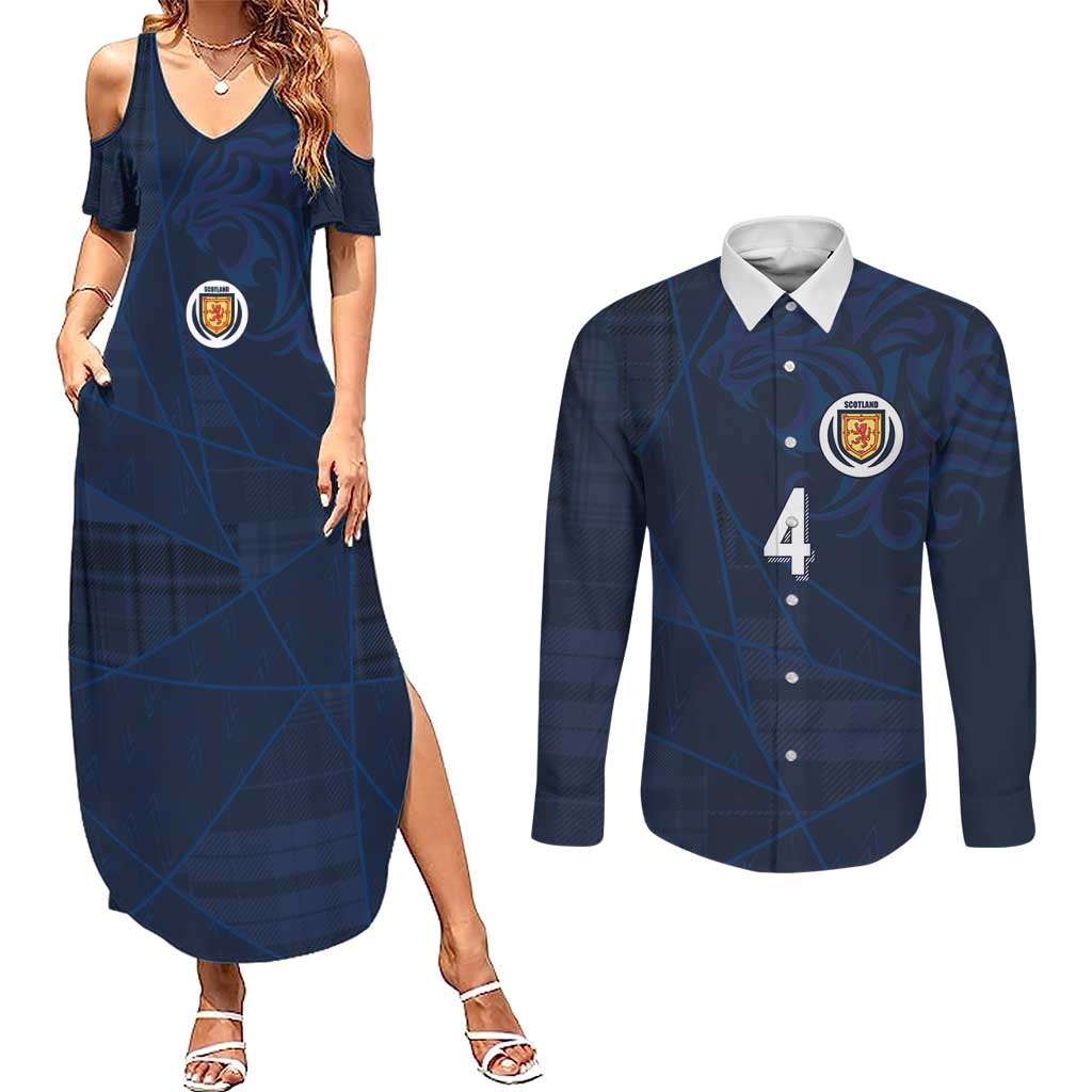 Custom Scotland National Football Couples Matching Summer Maxi Dress and Long Sleeve Button Shirt Tartan Patchwork and Sport Lion - Wonder Print Shop