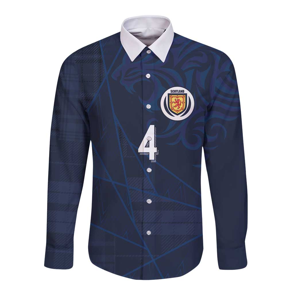 Custom Scotland National Football Long Sleeve Button Shirt Tartan Patchwork and Sport Lion - Wonder Print Shop