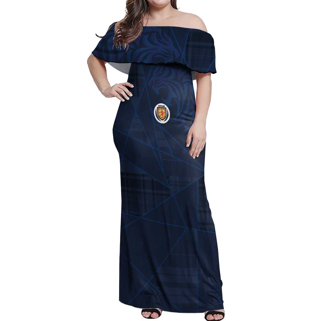 Custom Scotland National Football Off Shoulder Maxi Dress Tartan Patchwork and Sport Lion - Wonder Print Shop