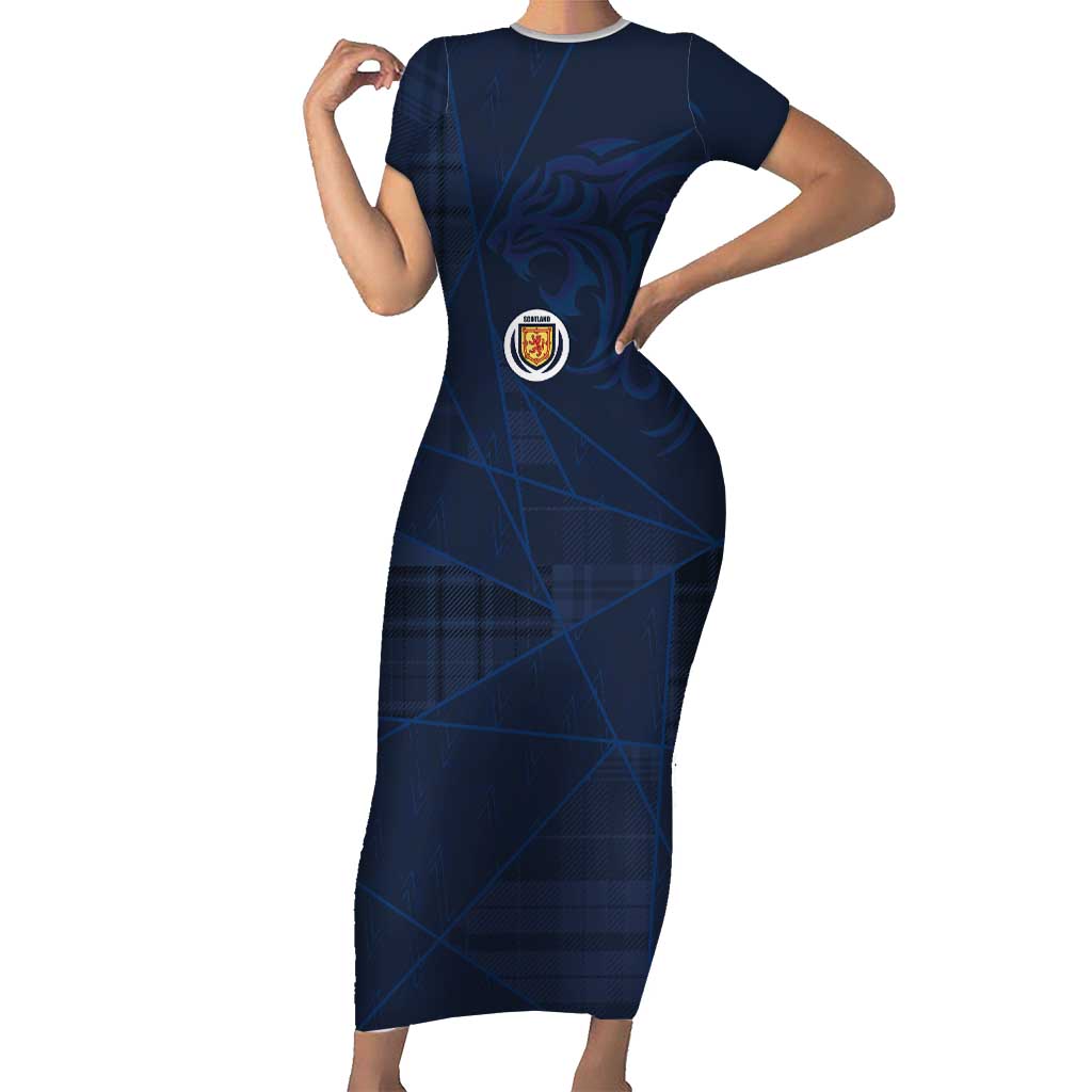 Custom Scotland National Football Short Sleeve Bodycon Dress Tartan Patchwork and Sport Lion - Wonder Print Shop
