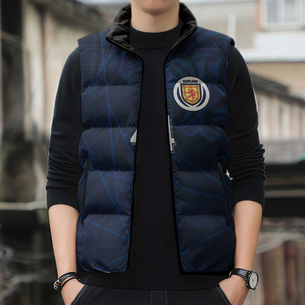 Custom Scotland National Football Sleeveless Puffer Jacket Tartan Patchwork and Sport Lion - Wonder Print Shop