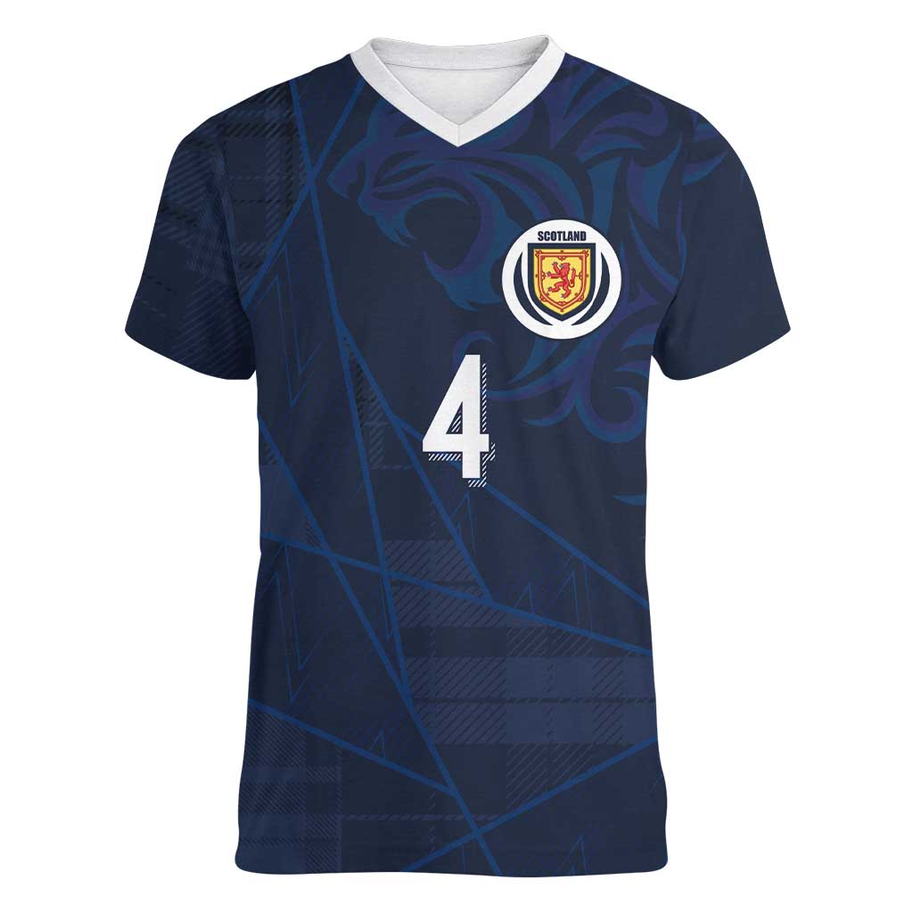 Custom Scotland National Football Women V-Neck T-Shirt Tartan Patchwork and Sport Lion - Wonder Print Shop