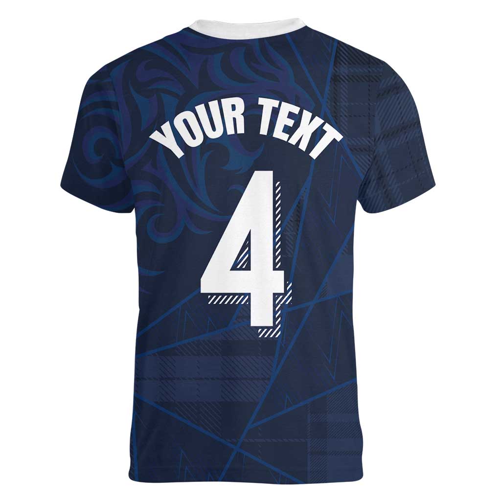 Custom Scotland National Football Women V-Neck T-Shirt Tartan Patchwork and Sport Lion - Wonder Print Shop