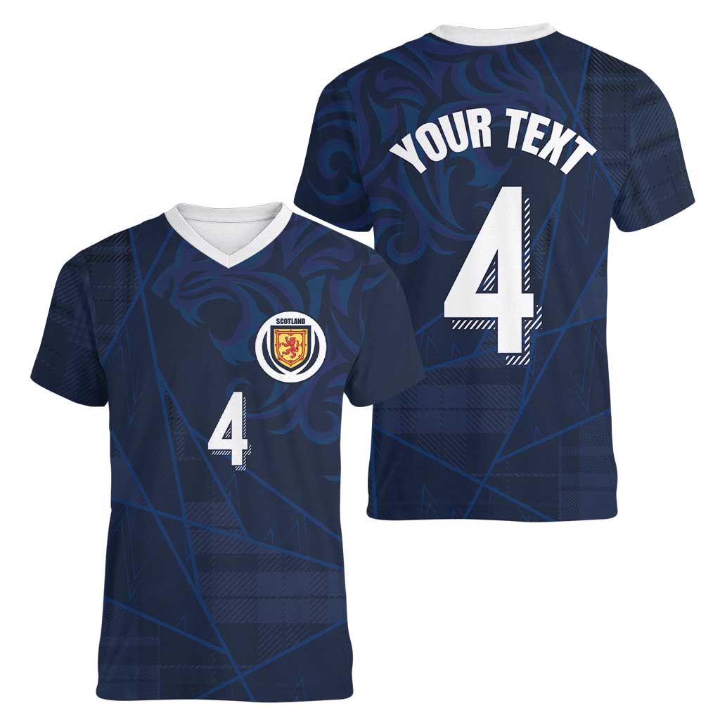 Custom Scotland National Football Women V-Neck T-Shirt Tartan Patchwork and Sport Lion - Wonder Print Shop