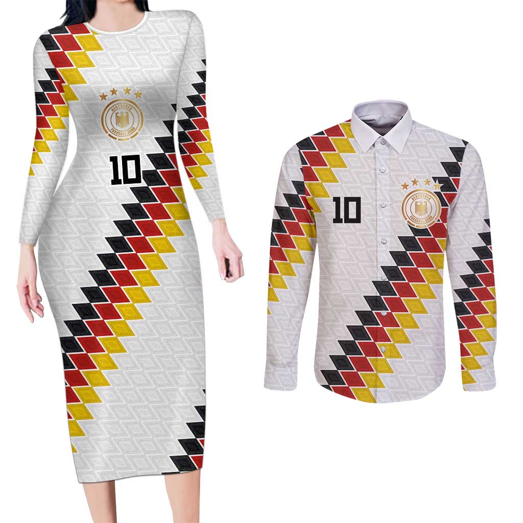 Custom Germany National Football Couples Matching Long Sleeve Bodycon Dress and Long Sleeve Button Shirt Inspired German Flag and Bavarian Renaissance Motifs - Wonder Print Shop
