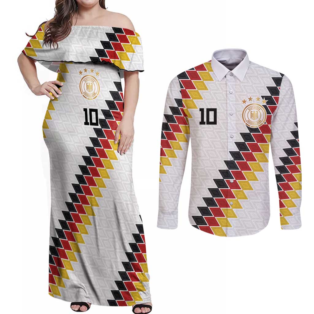 Custom Germany National Football Couples Matching Off Shoulder Maxi Dress and Long Sleeve Button Shirt Inspired German Flag and Bavarian Renaissance Motifs - Wonder Print Shop