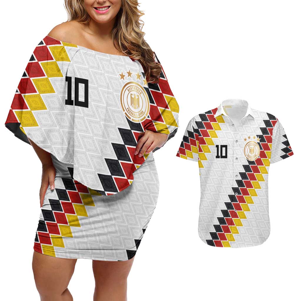 Custom Germany National Football Couples Matching Off Shoulder Short Dress and Hawaiian Shirt Inspired German Flag and Bavarian Renaissance Motifs - Wonder Print Shop