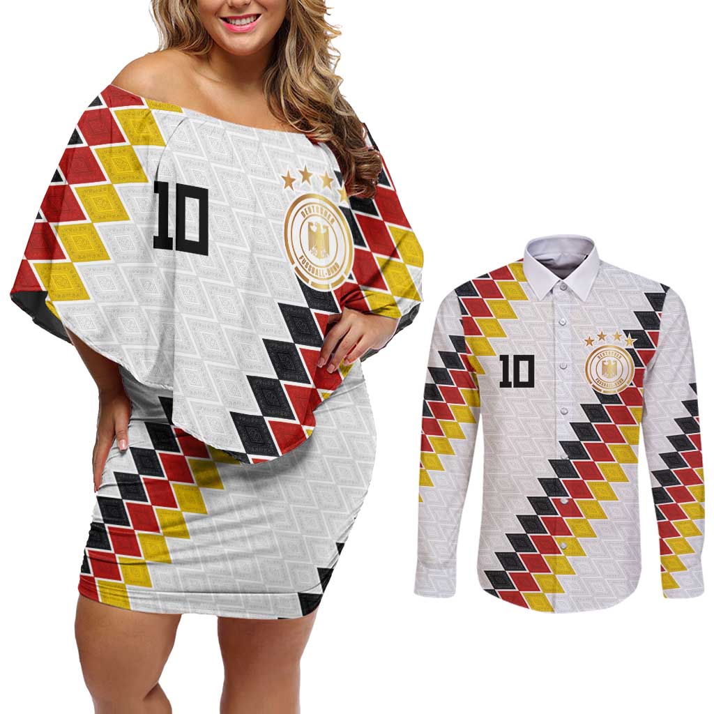Custom Germany National Football Couples Matching Off Shoulder Short Dress and Long Sleeve Button Shirt Inspired German Flag and Bavarian Renaissance Motifs - Wonder Print Shop