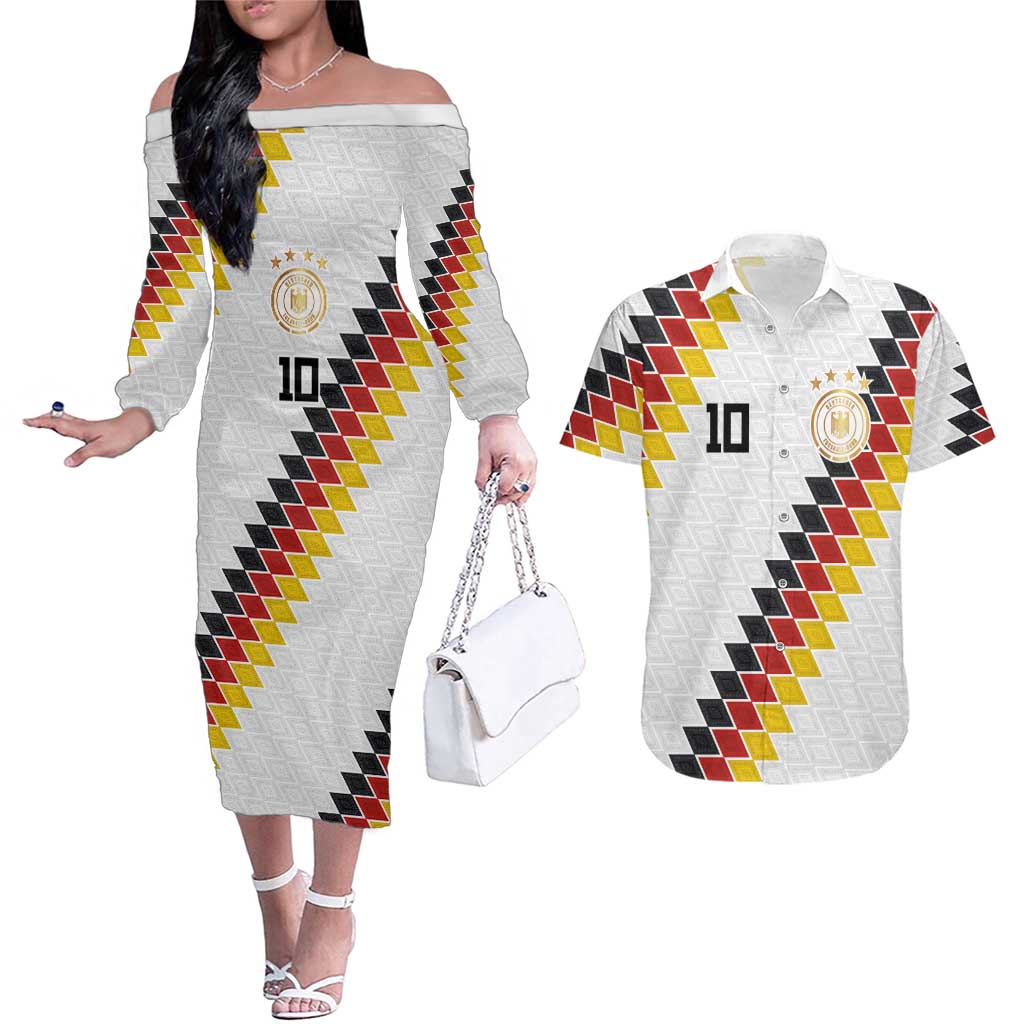 Custom Germany National Football Couples Matching Off The Shoulder Long Sleeve Dress and Hawaiian Shirt Inspired German Flag and Bavarian Renaissance Motifs - Wonder Print Shop