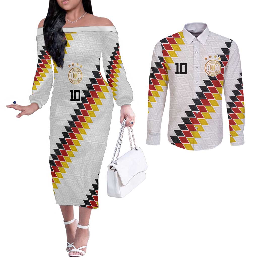 Custom Germany National Football Couples Matching Off The Shoulder Long Sleeve Dress and Long Sleeve Button Shirt Inspired German Flag and Bavarian Renaissance Motifs - Wonder Print Shop