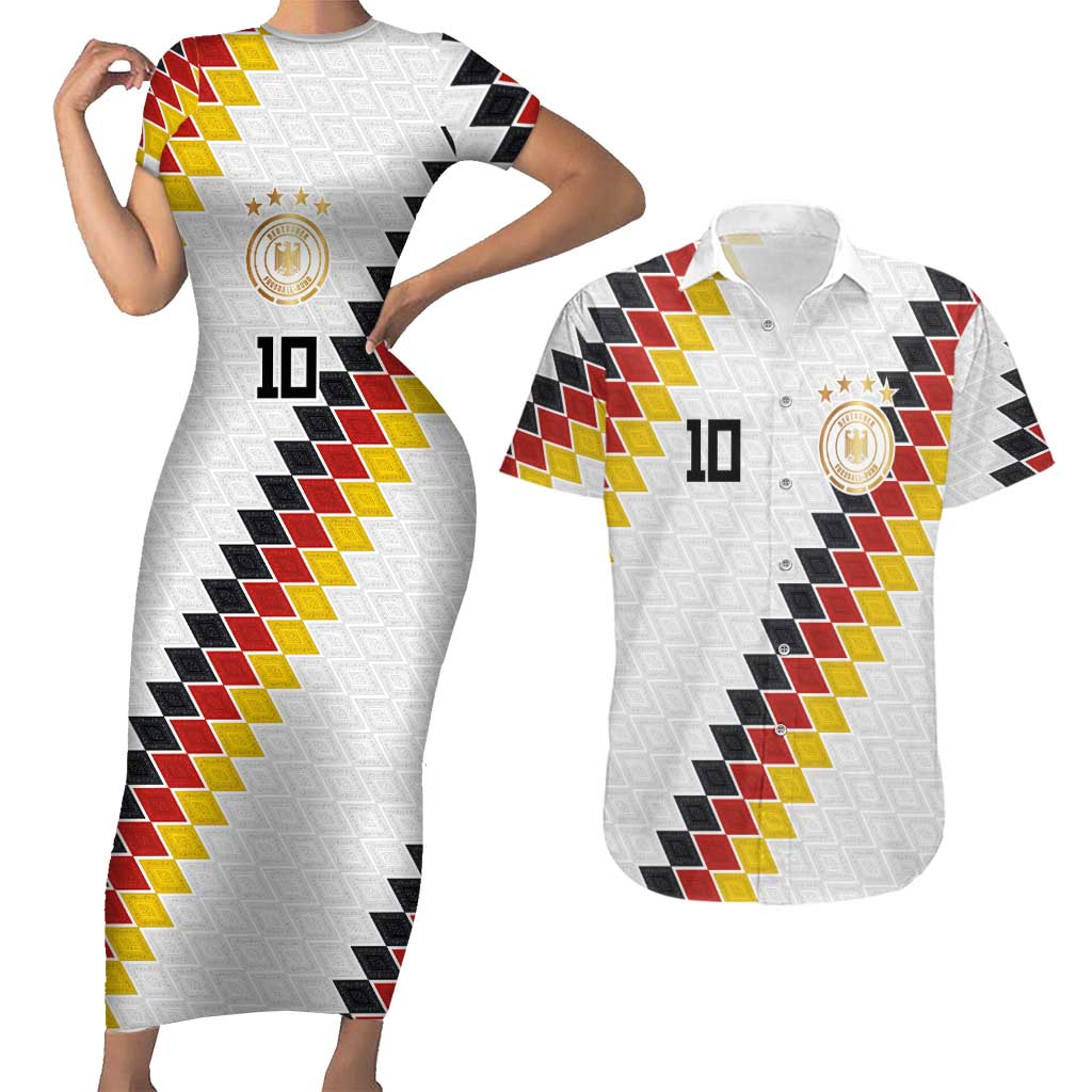 Custom Germany National Football Couples Matching Short Sleeve Bodycon Dress and Hawaiian Shirt Inspired German Flag and Bavarian Renaissance Motifs - Wonder Print Shop