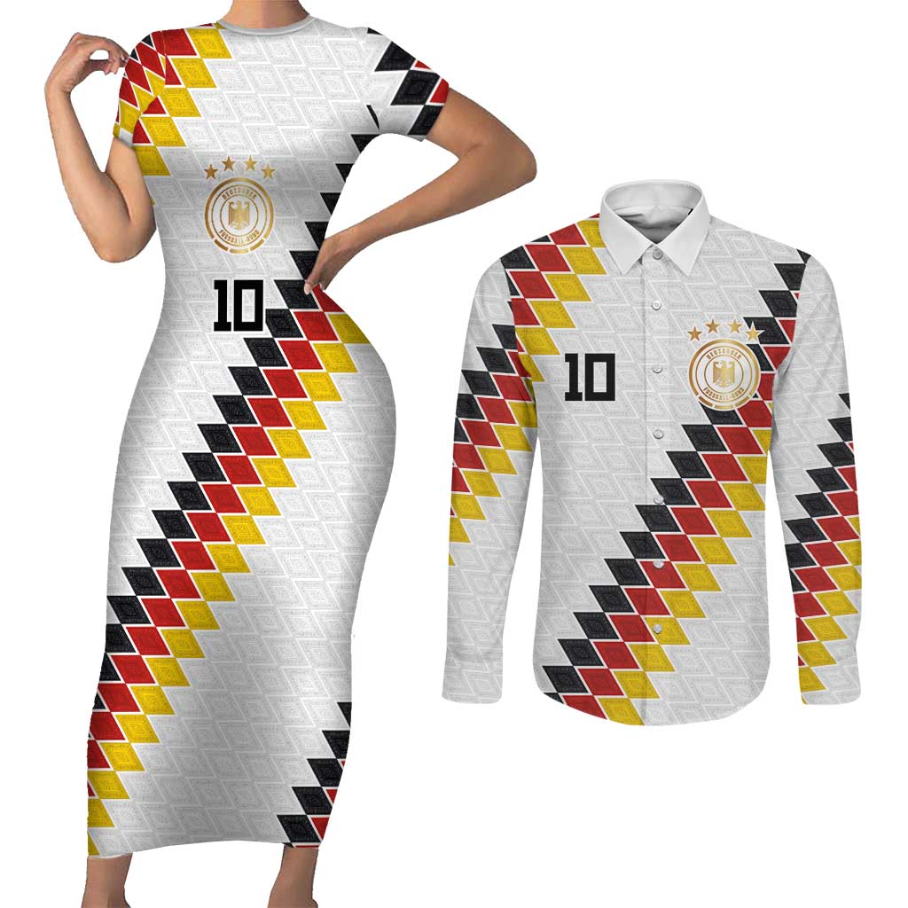 Custom Germany National Football Couples Matching Short Sleeve Bodycon Dress and Long Sleeve Button Shirt Inspired German Flag and Bavarian Renaissance Motifs - Wonder Print Shop