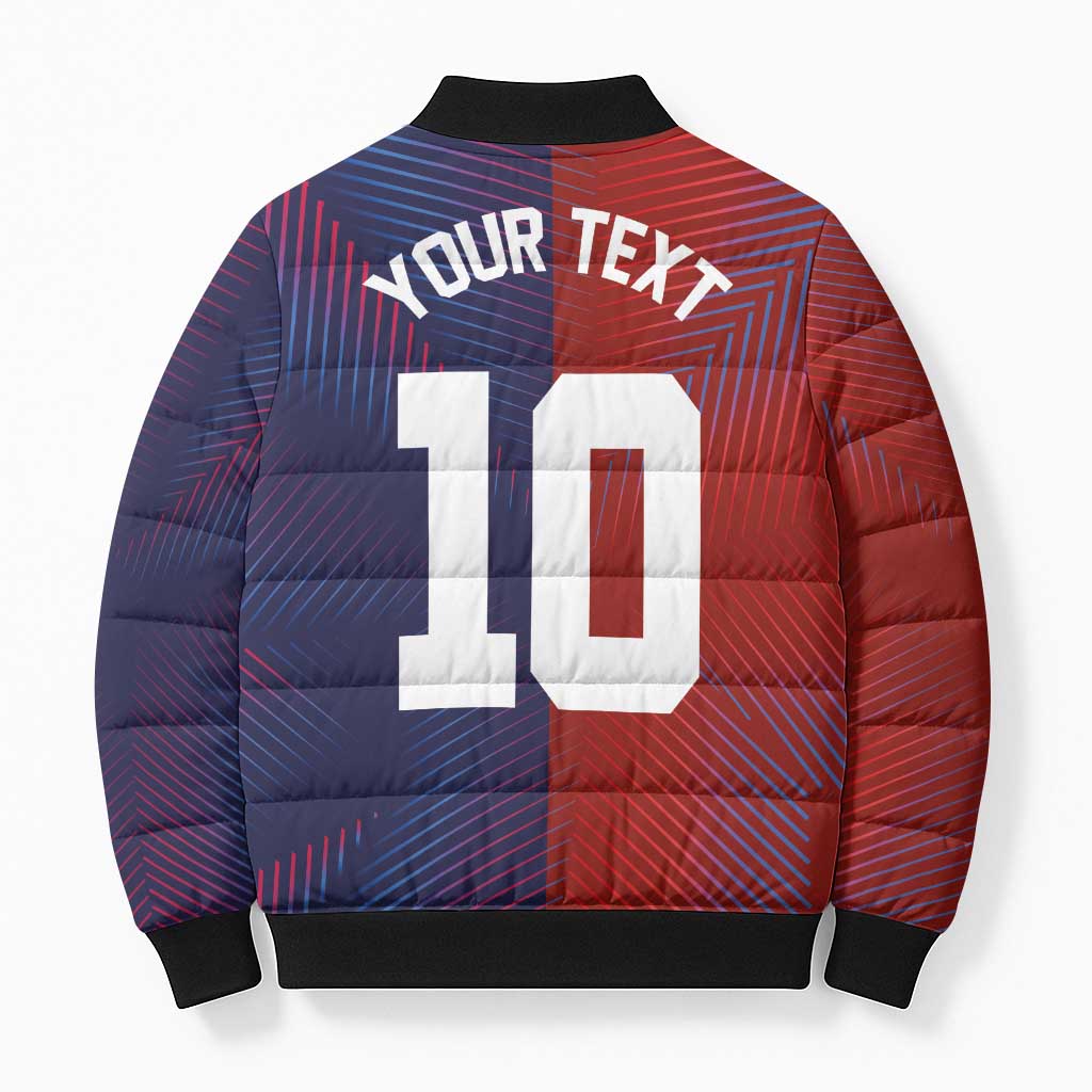 Custom Haiti National Football Bomber Puffer Jacket Red Blue The Half Sporty Design - Wonder Print Shop