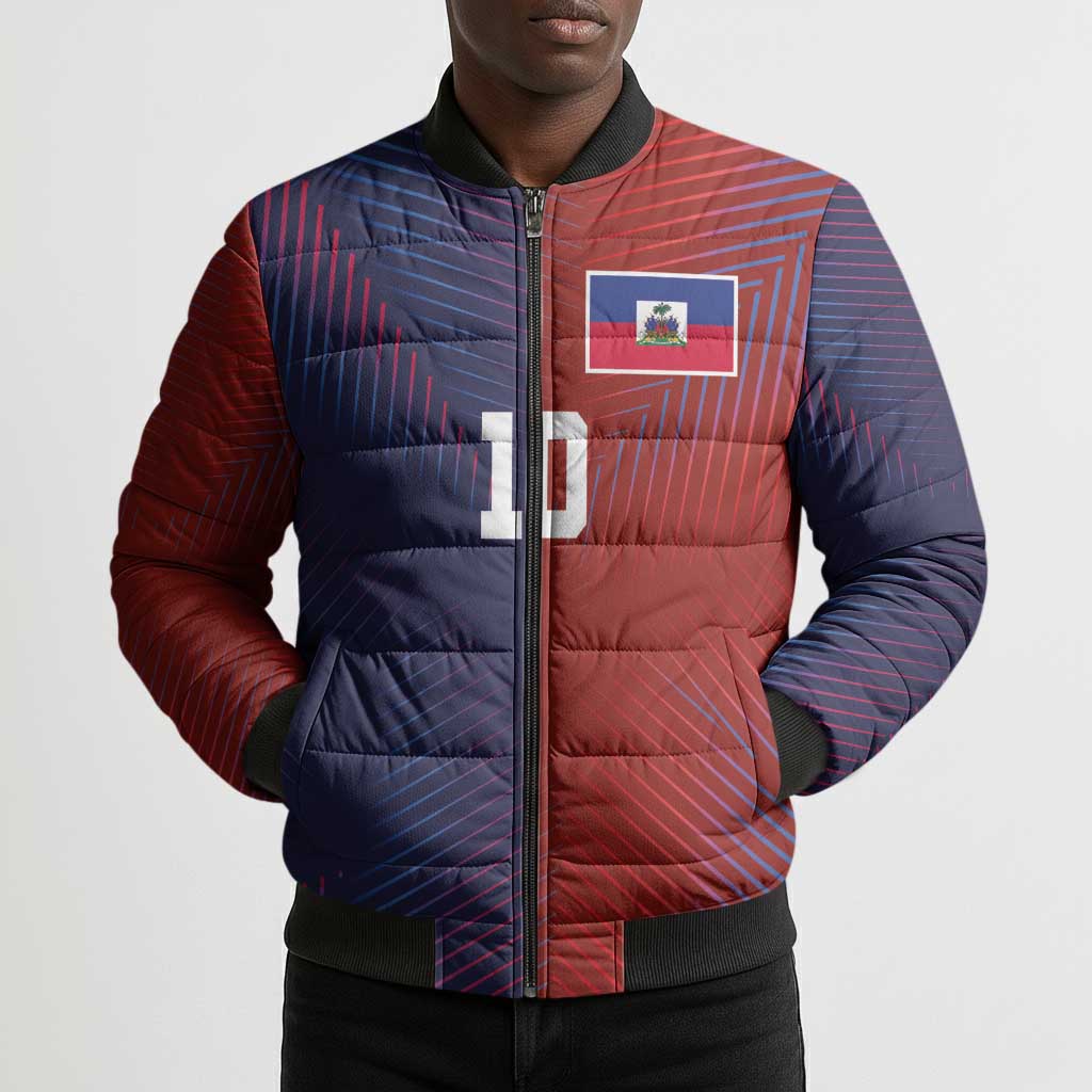 Custom Haiti National Football Bomber Puffer Jacket Red Blue The Half Sporty Design - Wonder Print Shop