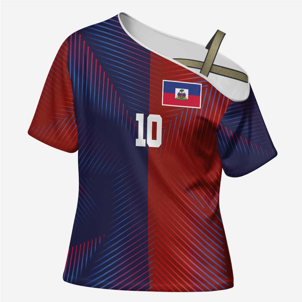 Custom Haiti National Football Cross Shoulder Shirt Red Blue The Half Sporty Design - Wonder Print Shop