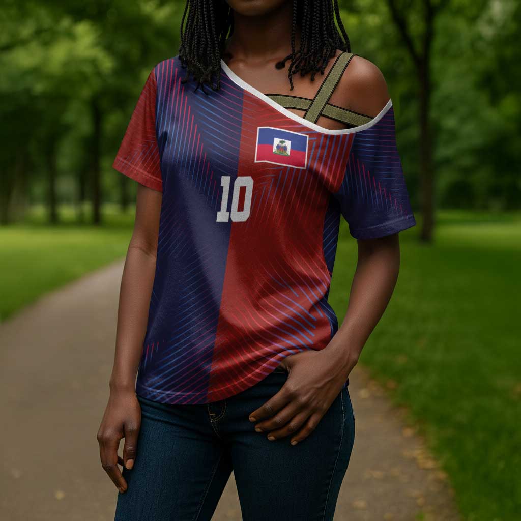 Custom Haiti National Football Cross Shoulder Shirt Red Blue The Half Sporty Design - Wonder Print Shop