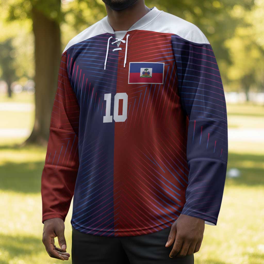 Custom Haiti National Football Hockey Jersey Red Blue The Half Sporty Design - Wonder Print Shop