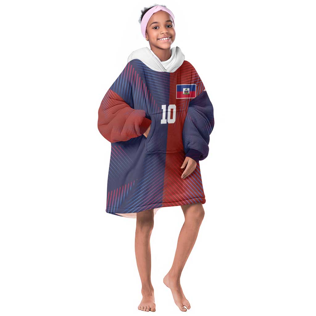 Custom Haiti National Football Kid Wearable Blanket Hoodie Red Blue The Half Sporty Design - Wonder Print Shop