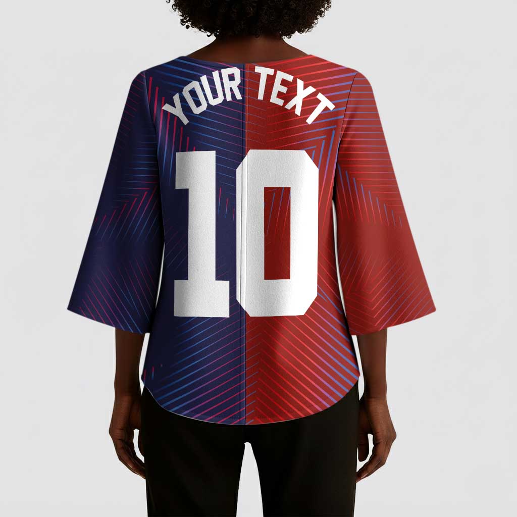 Custom Haiti National Football Kimono Sleeve Blouse Red Blue The Half Sporty Design - Wonder Print Shop